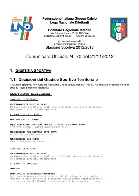 Comunicato Ufficiale N° 70 del 21/11/2012 - L'indiscreto