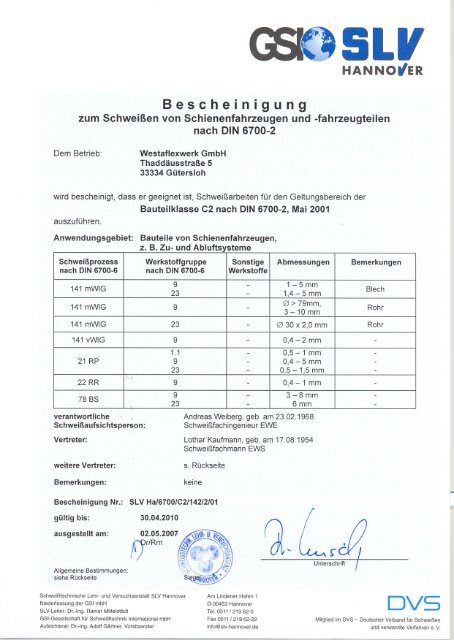 Bescheinigung Schweißen - Westaflex