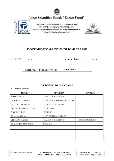 1 - Documento 15 maggio 2013 5B - Liceo Scientifico "E. Fermi"