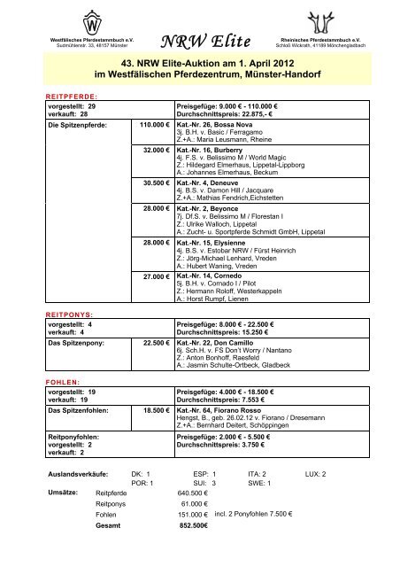 43. NRW Elite-Auktion am 1. April 2012 im Westfälischen ...