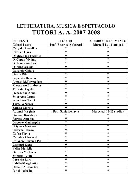 TUTORI A. A. 2007-2008 - Italianistica e Spettacolo