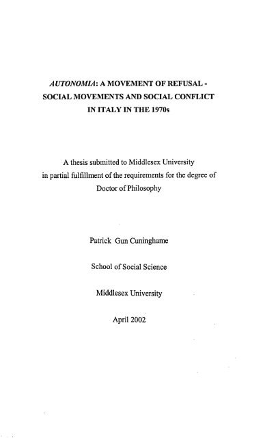 SOCIAL MOVEMENTS AND SOCIAL CONFLICT A thesis submitted