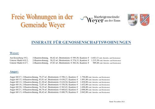 INSERATE FÜR GENOSSENSCHAFTSWOHNUNGEN - Weyer