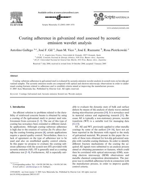 Coating adherence in galvanized steel assessed by acoustic ...