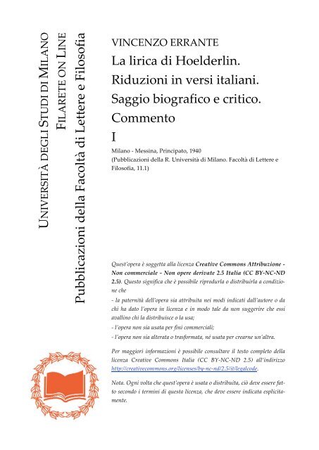 La lirica di Hoelderlin. Riduzioni in versi italiani. Saggio biografico e