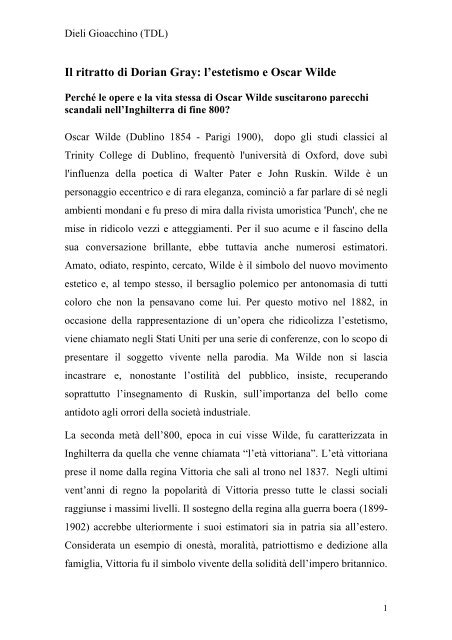 Il Ritratto di Dorian Gray: l'estetismo e Oscar Wilde (Gioacchino Dieli)