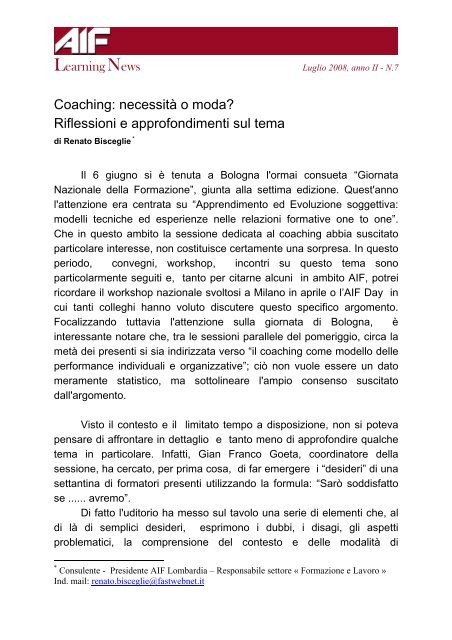 Renato Bisceglie Coaching: necessità o moda? - Aif