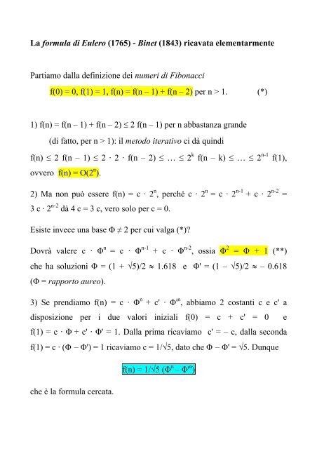 La formula di Eulero (1765) - Binet (1843) ricavata elementarmente