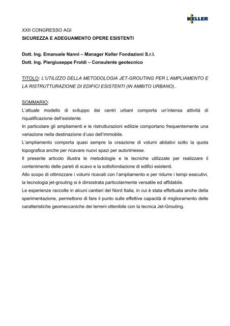 L'utilizzo della metodologia Jet-Grouting per l ... - Keller Fondazioni