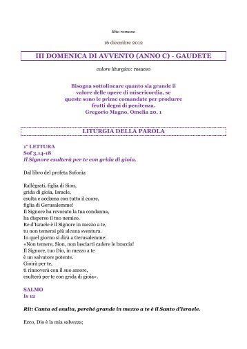 III DOMENICA DI AVVENTO (ANNO C) - GAUDETE - Undicesima Ora