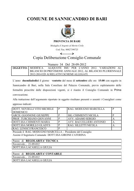 n. 34 del 28/09/2012 - Comune di Sannicandro di Bari