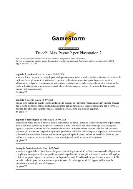 Trucchi Max Payne 2 per Playstation 2 - GameStorm.it