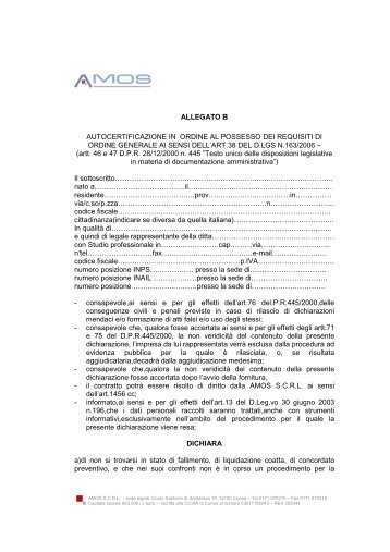 ALLEGATO B AUTOCERTIFICAZIONE IN ORDINE AL POSSESSO ...