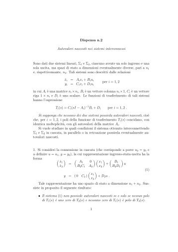 Dispensa n.2 Autovalori nascosti nei sistemi interconnessi Sono dati ...