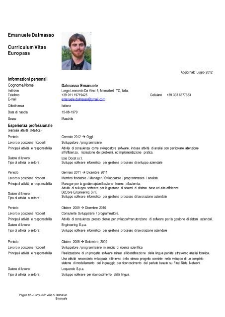 Curriculum Vitae Europass - Emanuele Dalmasso Web Site