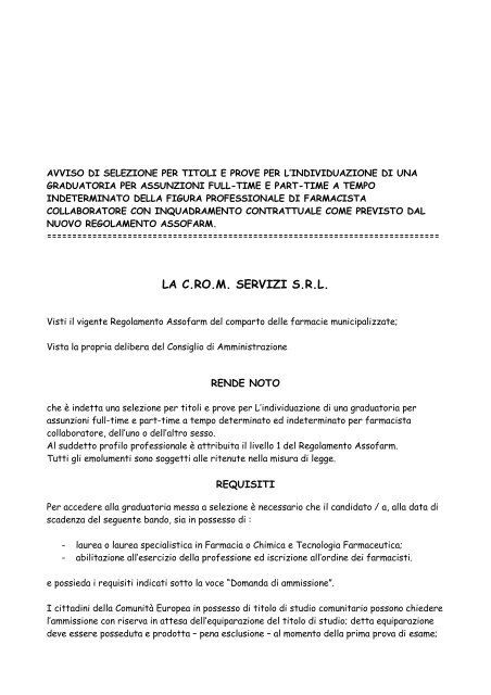 Bando selezione farmacisti collaboratori - crom servizi