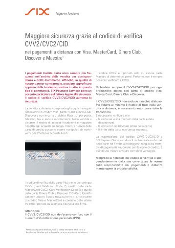 Maggiore sicurezza grazie al codice di verifica CVV2/CVC2/CID