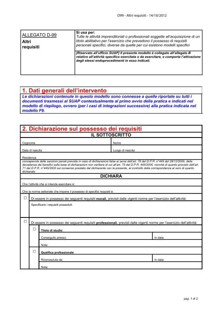 2. Dichiarazione sul possesso dei requisiti 1. Dati ... - Sardegna SUAP