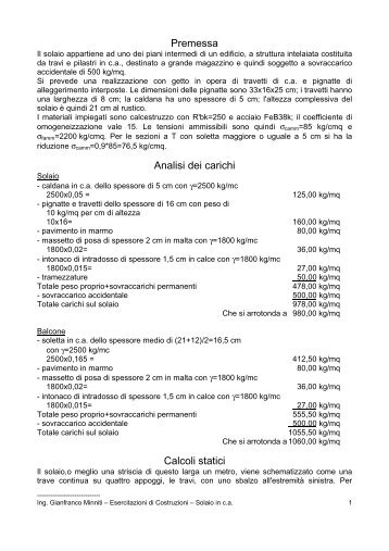 Premessa Analisi dei carichi Calcoli statici