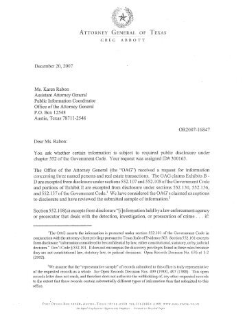 December 20, 2007 Ms. Karen Rabon Assistant Attorney General ...