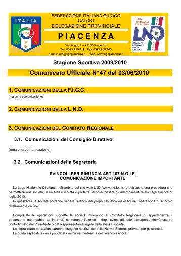 3.2. Comunicazioni della Segreteria - F.I.G.C - Piacenza