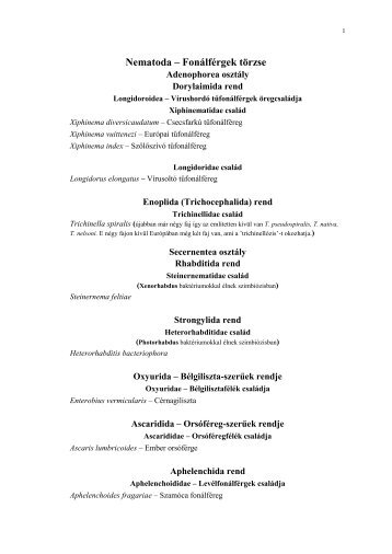 Rendszertan segédlet 1 Nematoda-Mollusca-Myriapoda-Crustacea