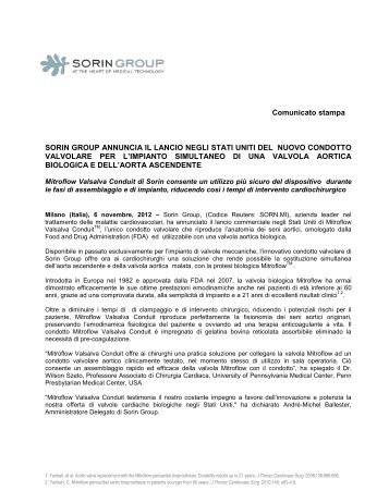 Comunicato stampa SORIN GROUP ANNUNCIA IL ... - Image Building