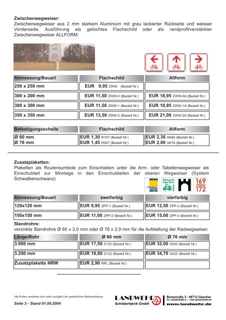 Preisübersicht für Radwegweiser - Landwehr