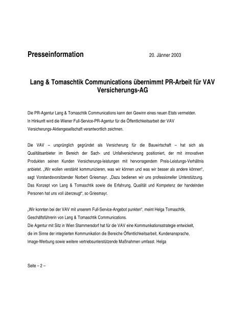 Presseinformation - Lang & Tomaschtik Communications