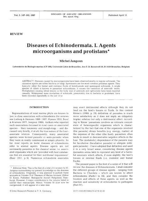 Diseases of Echinodermata. I. Agents ... - Inter Research