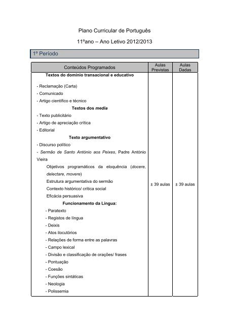 1º Período Plano Curricular de Português 11ºano – Ano Letivo 2012/2013