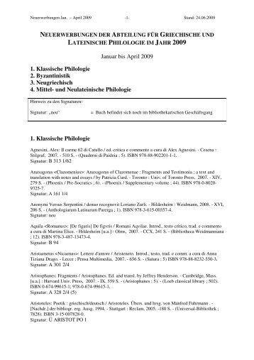 Januar bis April 2009 1. Klassische Philologie 2. Byzantinistik 3 ...