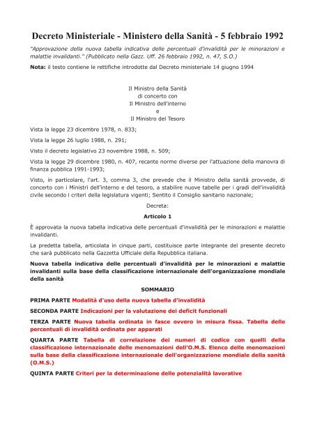 Decreto Ministeriale - Ministero della Sanità - 5 febbraio 1992