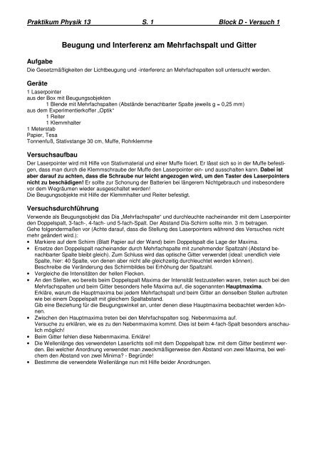 Beugung Und Interferenz Am Mehrfachspalt Und Gitter Wieland