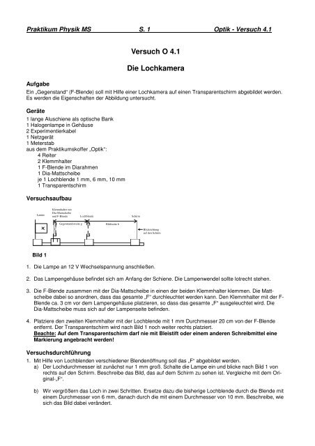 Versuch O 4.1 Die Lochkamera - Wieland-Gymnasium Biberach