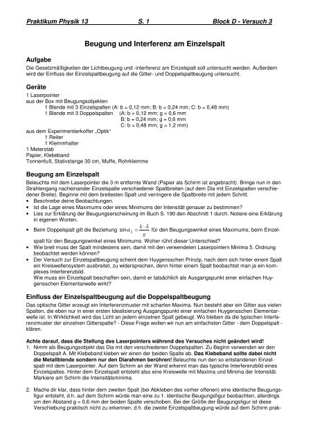 Beugung Und Interferenz Am Einzelspalt Wieland Gymnasium