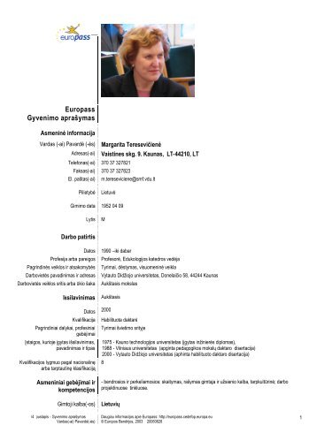 CV (LT) - VDU Edukologijos katedra - Vytauto Didžiojo universitetas