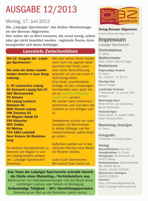 Leipziger Sportwoche - Fußball Zeitung - Ausgabe 12 vom 17.06.2013