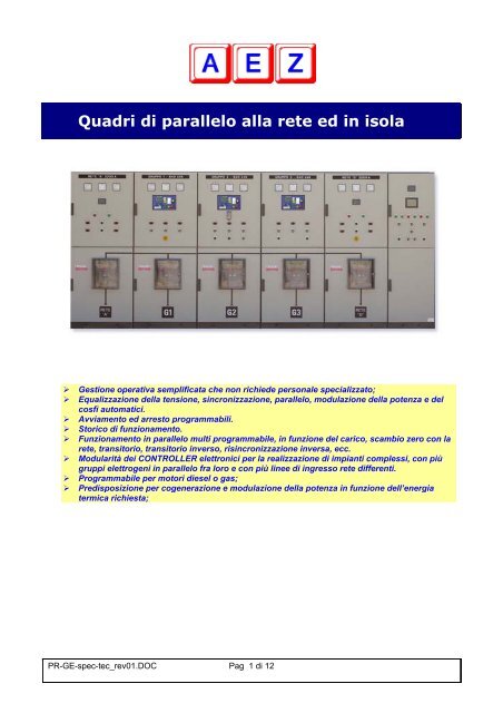 quadri per gruppi elettrogeni in parallelo automatico alla - AEZ Italy