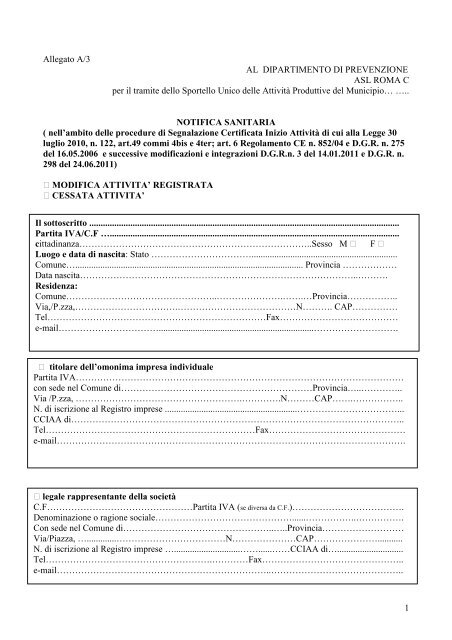 NOTIFICA ALIMENTARE SCIA - di Modifica - ASLRMC - ASL Roma C