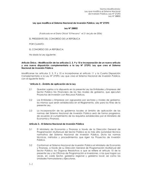 Ley que modifica el Sistema Nacional de Inversión Pública, Ley Nº ...