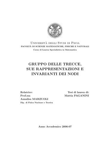 gruppo delle trecce, sue rappresentazioni e invarianti dei nodi