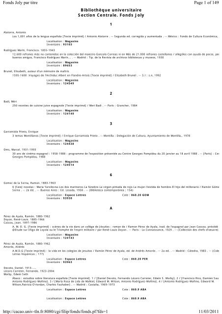 Page 1 of 149 Fonds Joly par titre 11/03/2011 http://cacao.univ-tln.fr ...