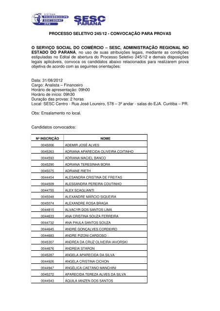 PROCESSO SELETIVO 245/12 - CONVOCAÇÃO ... - Sesc Paraná