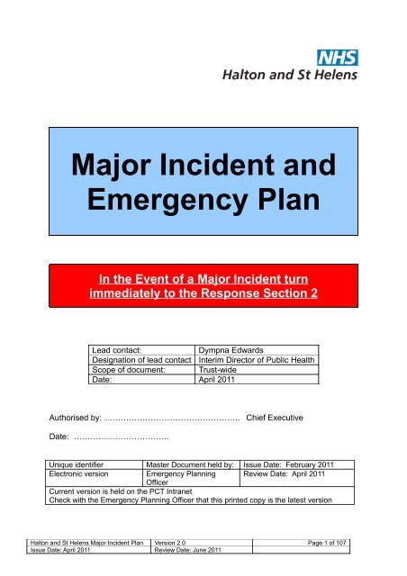 Major Incident and Emergency Plan - Halton and St Helens PCT