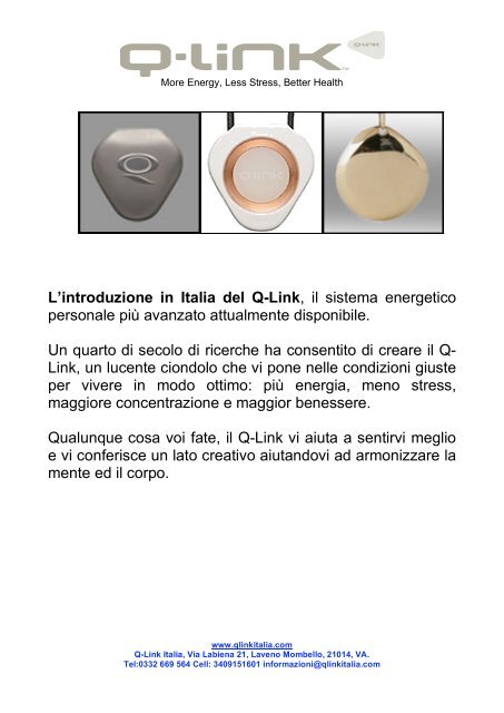 L'introduzione in Italia del Q-Link, il sistema energetico personale ...