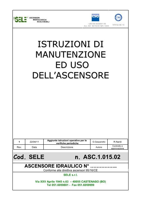 istruzioni di manutenzione ed uso dell'ascensore - SELE S.r.l.