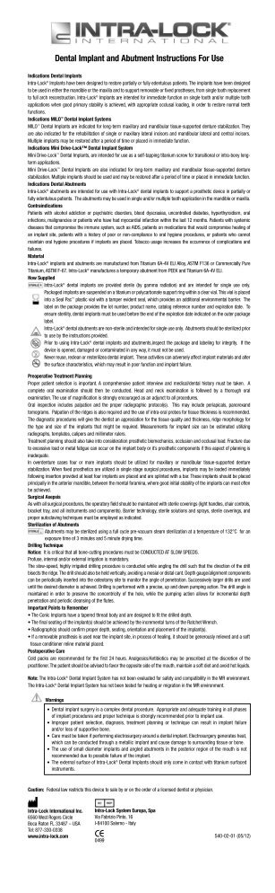 Dental Implant and Abutment Instructions For Use I - Intra-Lock