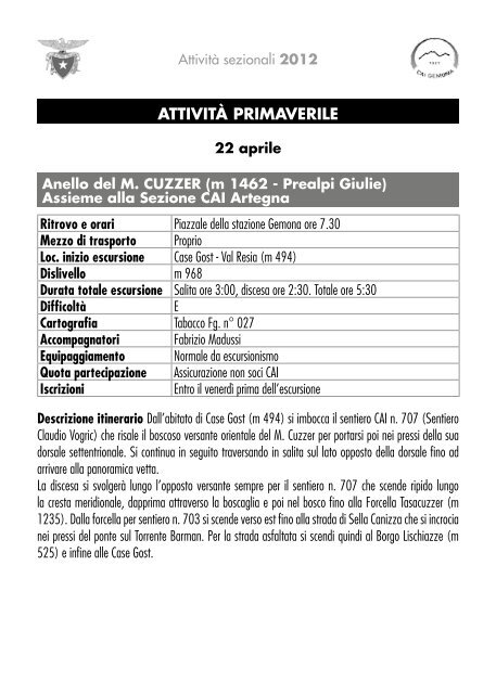 Programma attività sezionale - CAI -Gemona del Friuli