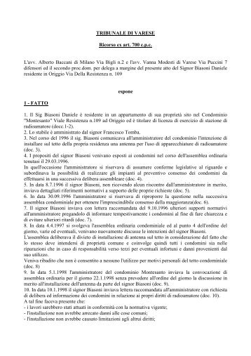 TRIBUNALE DI VARESE Ricorso ex art. 700 c.p.c. L'avv. Alberto ...